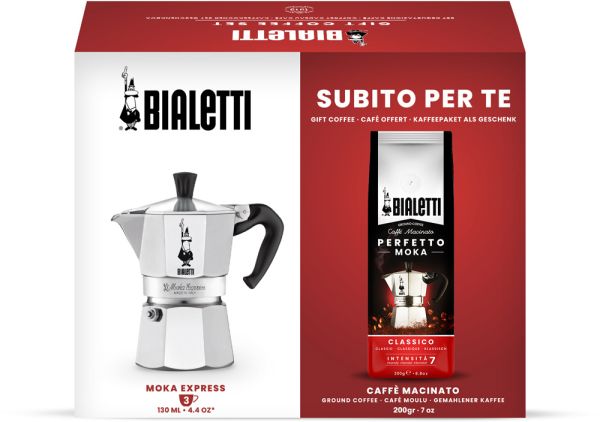 Geschenkset Moka Express 3 Tassen + Perfetto Moka Classico 250g